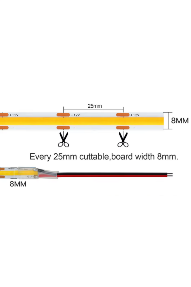 12V Cob Şerit Led 8MM 320 Ledli Esnek Sarı (Amber) Cob Led IP20 (5 Metre)