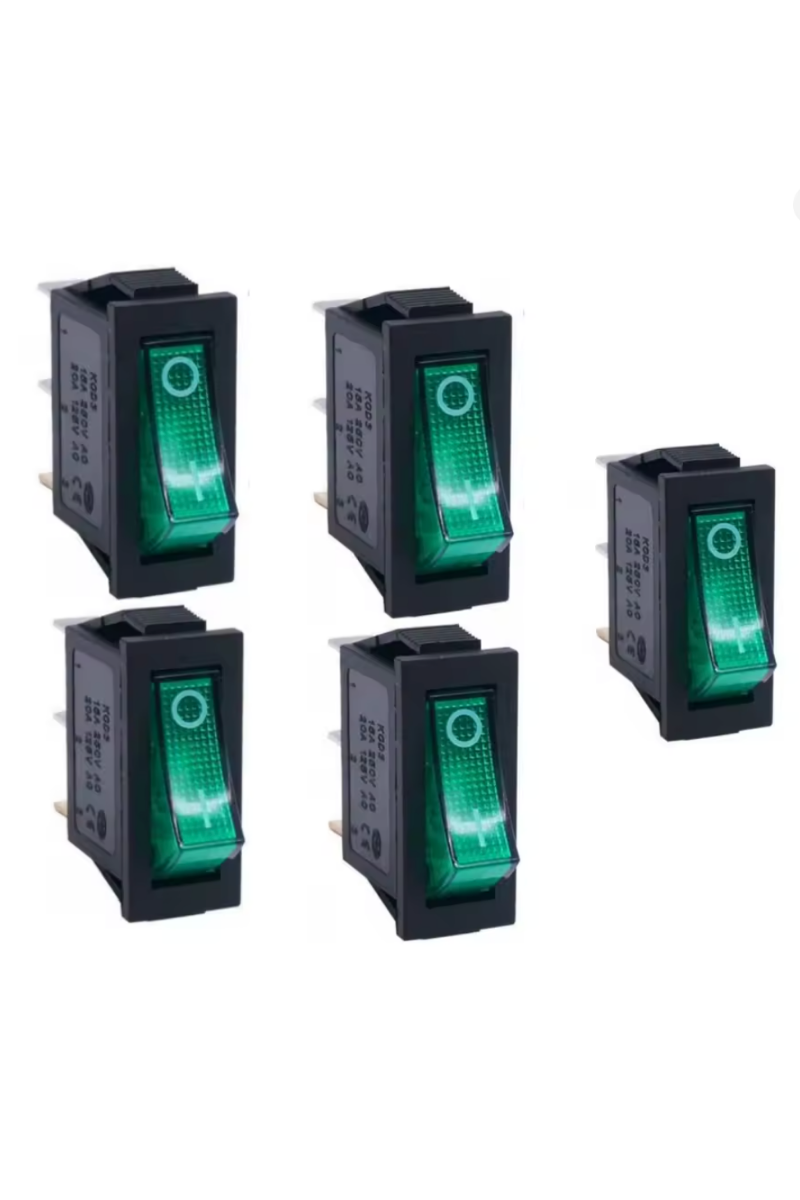 Tekli Dar On-Off Işıklı Yeşil Anahtar 3 Pinli Işıklı Dar Switch (5 Adet)