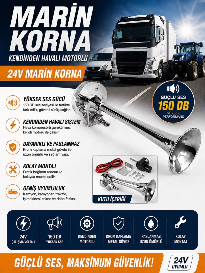 24V Marin Korna Kendinden Motorlu 150 dB Krom Korumalı Yüksek Sesli Universal