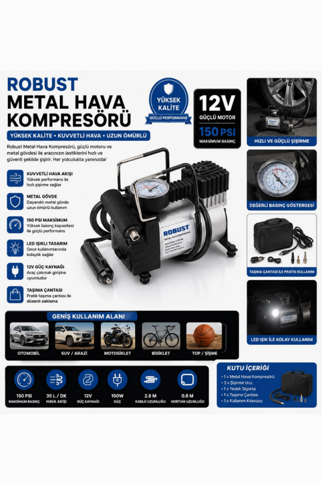 Tek Pistonlu 12V Metal Hava Kompresörü 150 PSI Taşınabilir Lastik Şişirme Pompası