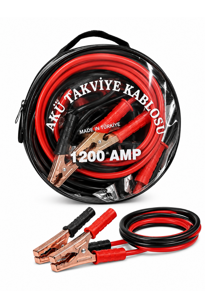 Akü Takviye Kablosu 1200 Amper 2 Metre Bakır Maşalı Taşıma Çantalı Oto Takviye Kablosu