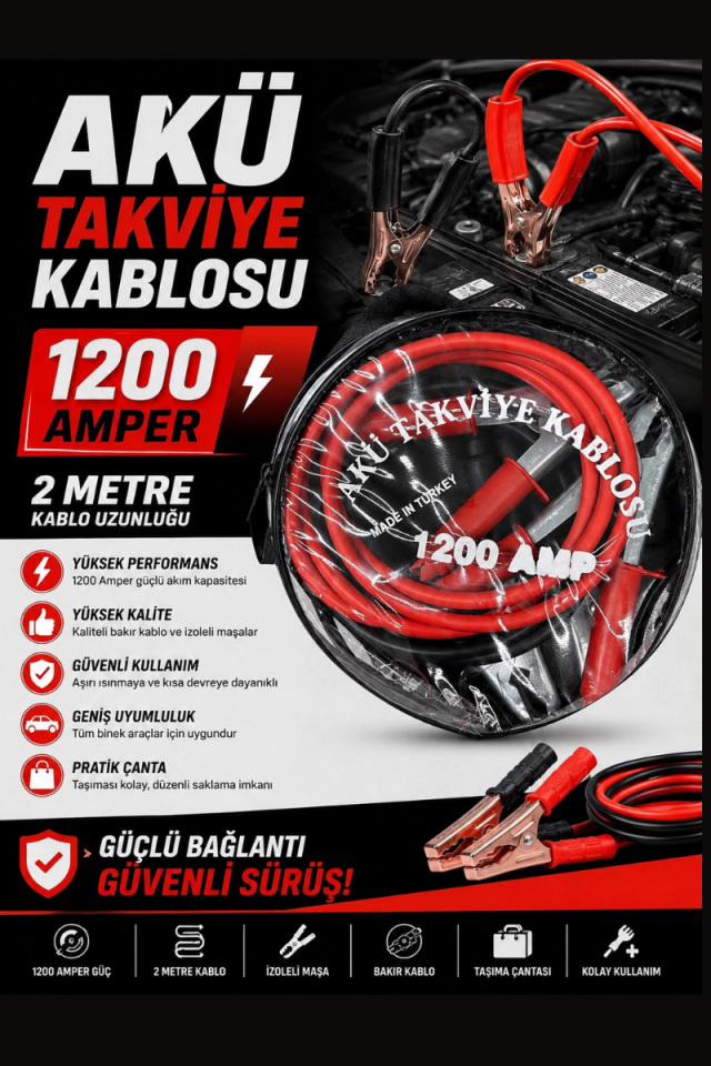 Akü Takviye Kablosu 1200 Amper 2 Metre Bakır Maşalı Taşıma Çantalı Oto Takviye Kablosu