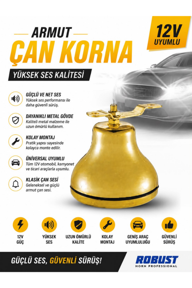 12V Armut Çan Korna Universal Metal Gövdeli Güçlü Sesli Araç Kornası