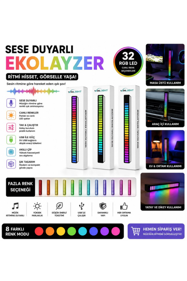 Sese Duyarlı RGB LED Ekolayzer - 32 LED Müzik Ritim Işığı USB