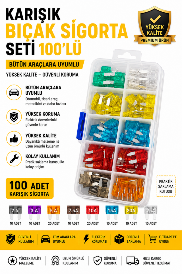 Karışık Bıçak Sigorta Seti 100 Parça Mini Oto Sigorta Kutusu