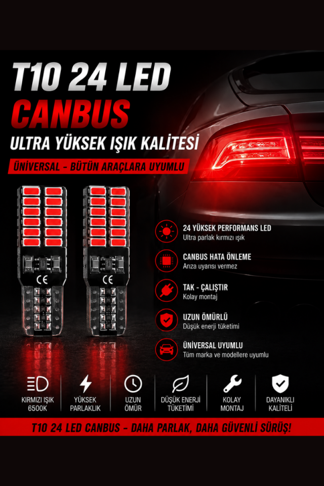 T10 24 LED CANBUS Kırmızı Ampul Yüksek Parlaklık W5W Park ve Plaka LED (2 Adet)