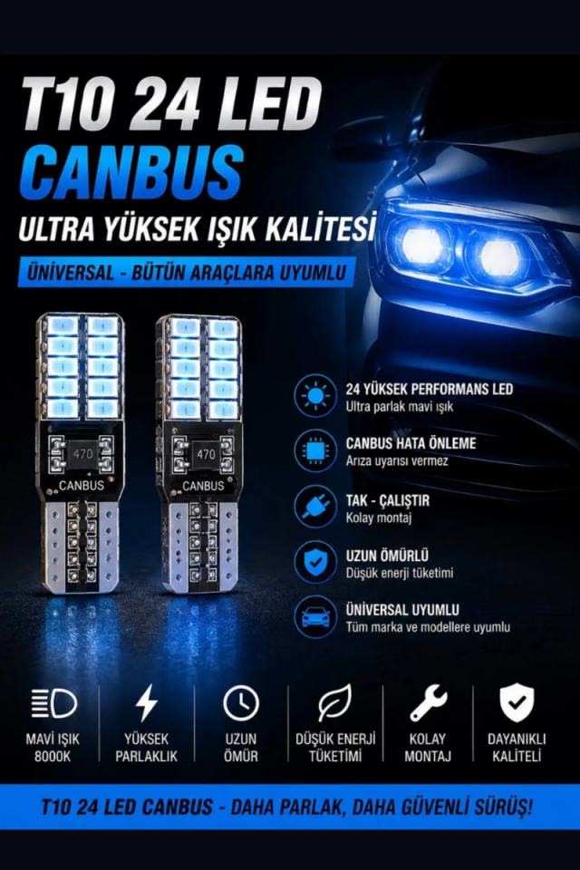 T10 24 LED CANBUS Mavi Ampul Yüksek Parlaklık W5W Park ve Plaka LED