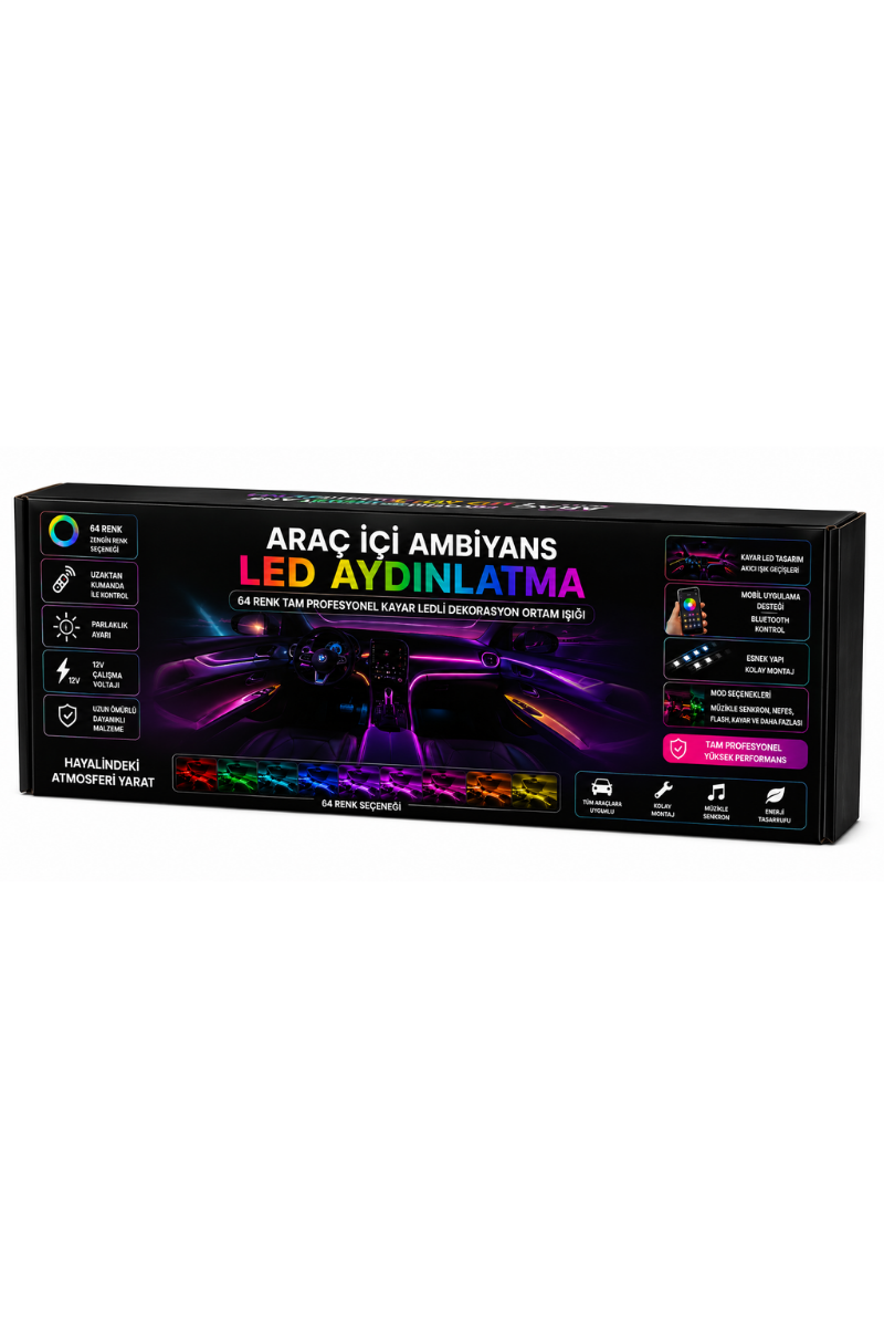 Araç İçi Ambiyans LED 64 Renk RGB Animasyonlu Müziğe Duyarlı Oto LED Aydınlatma Seti