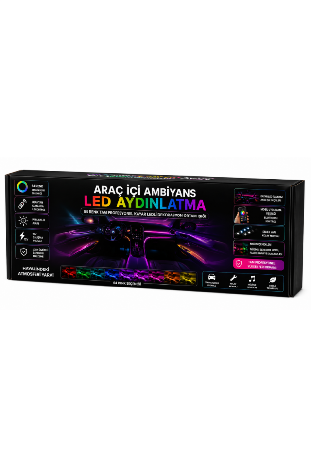 Araç İçi Ambiyans LED 64 Renk RGB Animasyonlu Müziğe Duyarlı Oto LED Aydınlatma Seti
