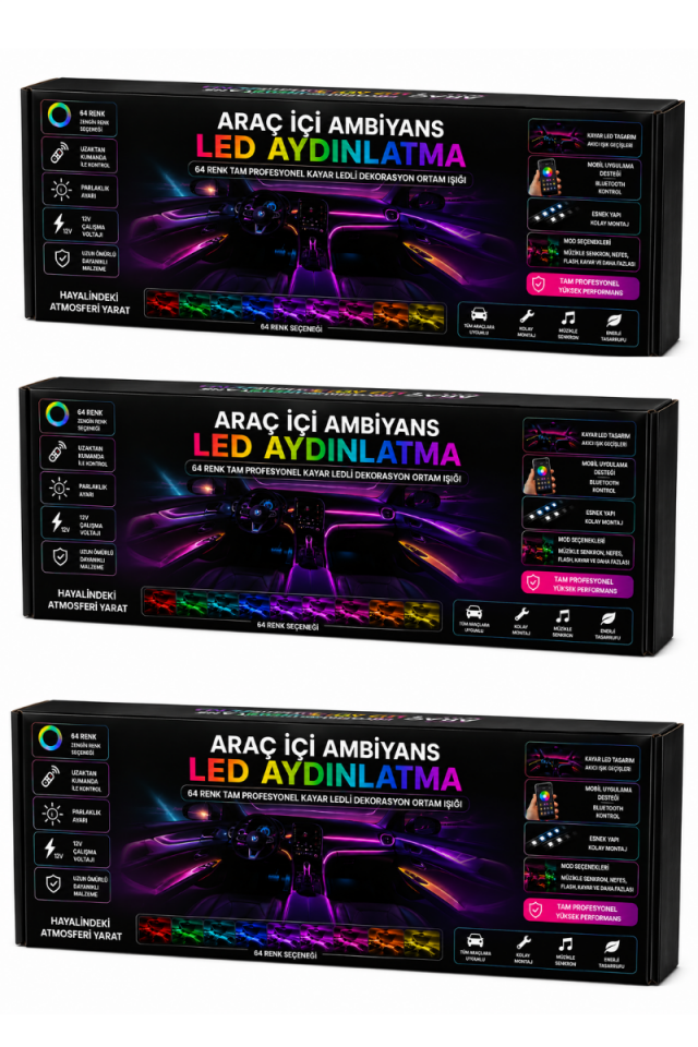Araç İçi Ambiyans LED 64 Renk RGB Animasyonlu Müziğe Duyarlı Oto LED Aydınlatma Seti