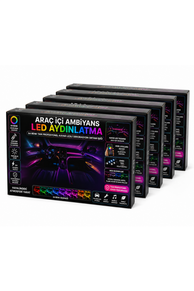 Araç İçi Ambiyans LED 64 Renk RGB Animasyonlu Müziğe Duyarlı Oto LED Aydınlatma Seti