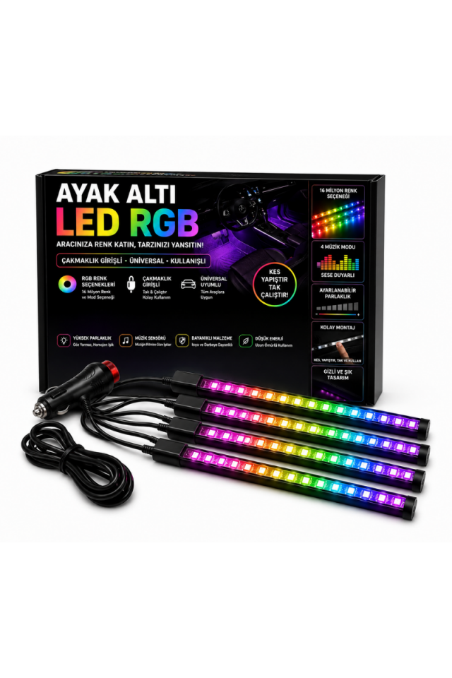 Her Araca Uyumlu Çakmaklık Girişli Ayak Altı LED Aydınlatma RGB Kumandalı 12 LED Ambiyans Işık Seti
