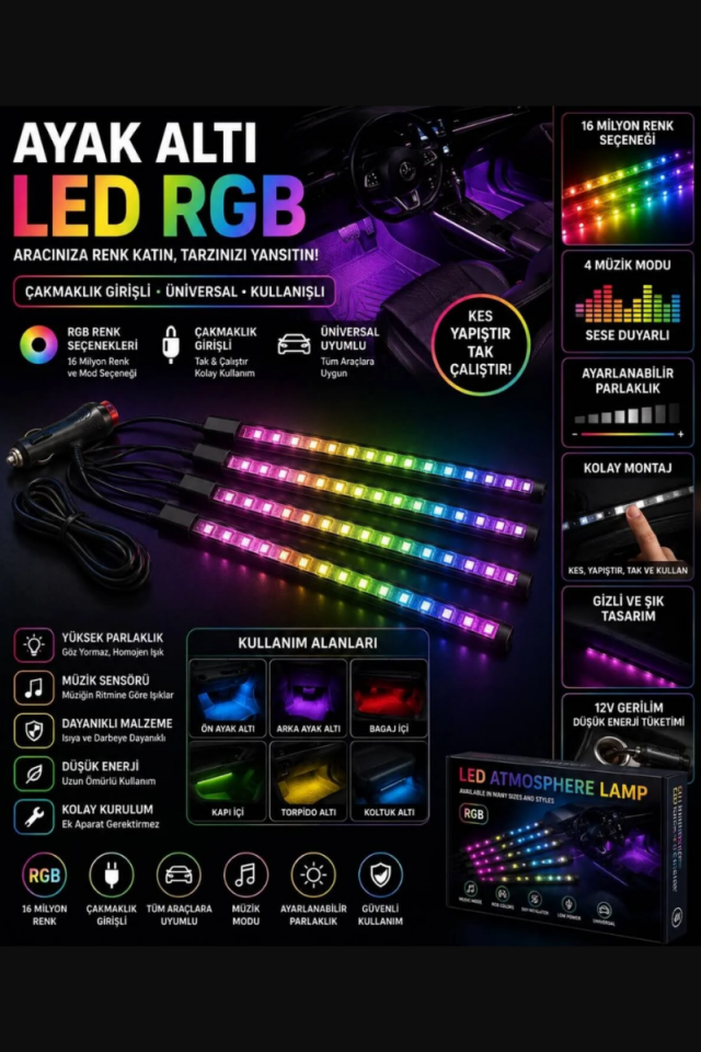 Her Araca Uyumlu Çakmaklık Girişli Ayak Altı LED Aydınlatma RGB Kumandalı 12 LED Ambiyans Işık Seti