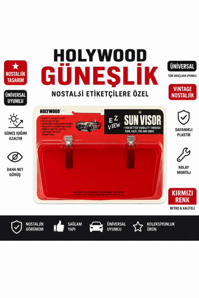 Holywood Kırmızı Güneşlik Nostalji Universal Araç Güneşliği Etiketçilere Özel