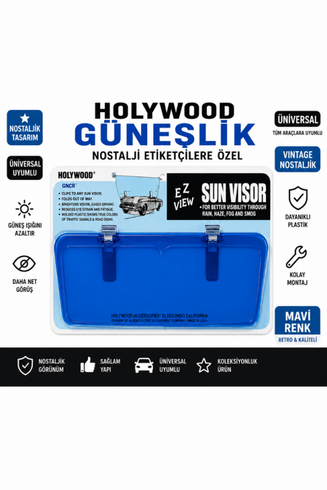 Holywood Mavi Güneşlik Nostalji Universal Araç Güneşliği Etiketçilere Özel